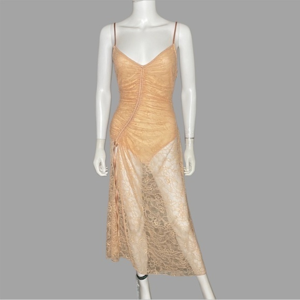 Forever 21 Peach Sheer Lace Drawstring‎ Maxi Dress